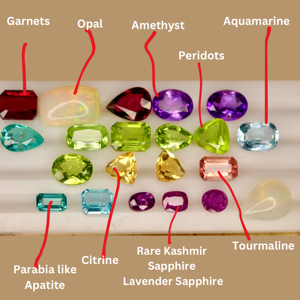 37 carats Mixed Loose Stones Kashmir Sapphires Aqua Peridots Apatite Opals Garnets Citrine Tourmaline Amethyst