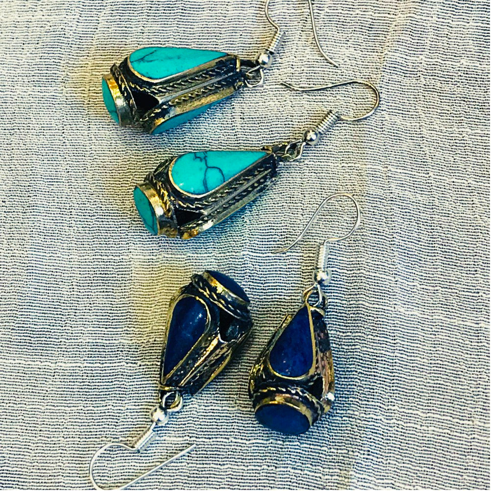 Antique kuchi gypsy tribal natural lapis and synthetic turquoise earrings